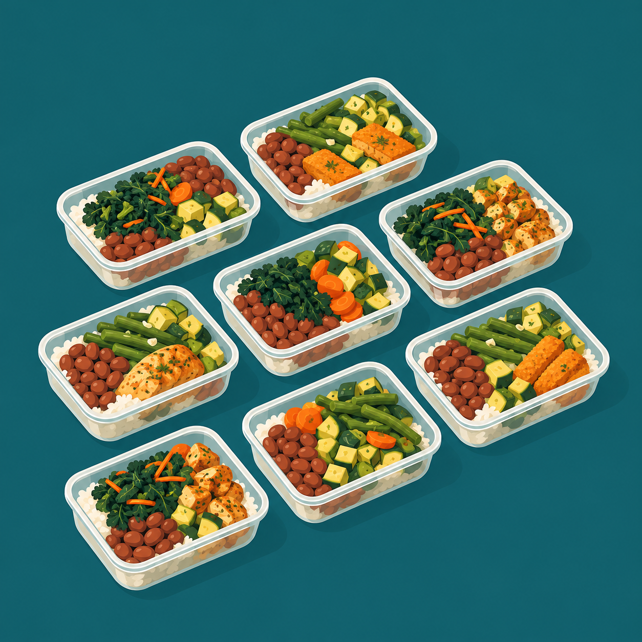 Ilustração de marmitas organizadas com arroz, feijão, proteínas e legumes, prontas para a semana